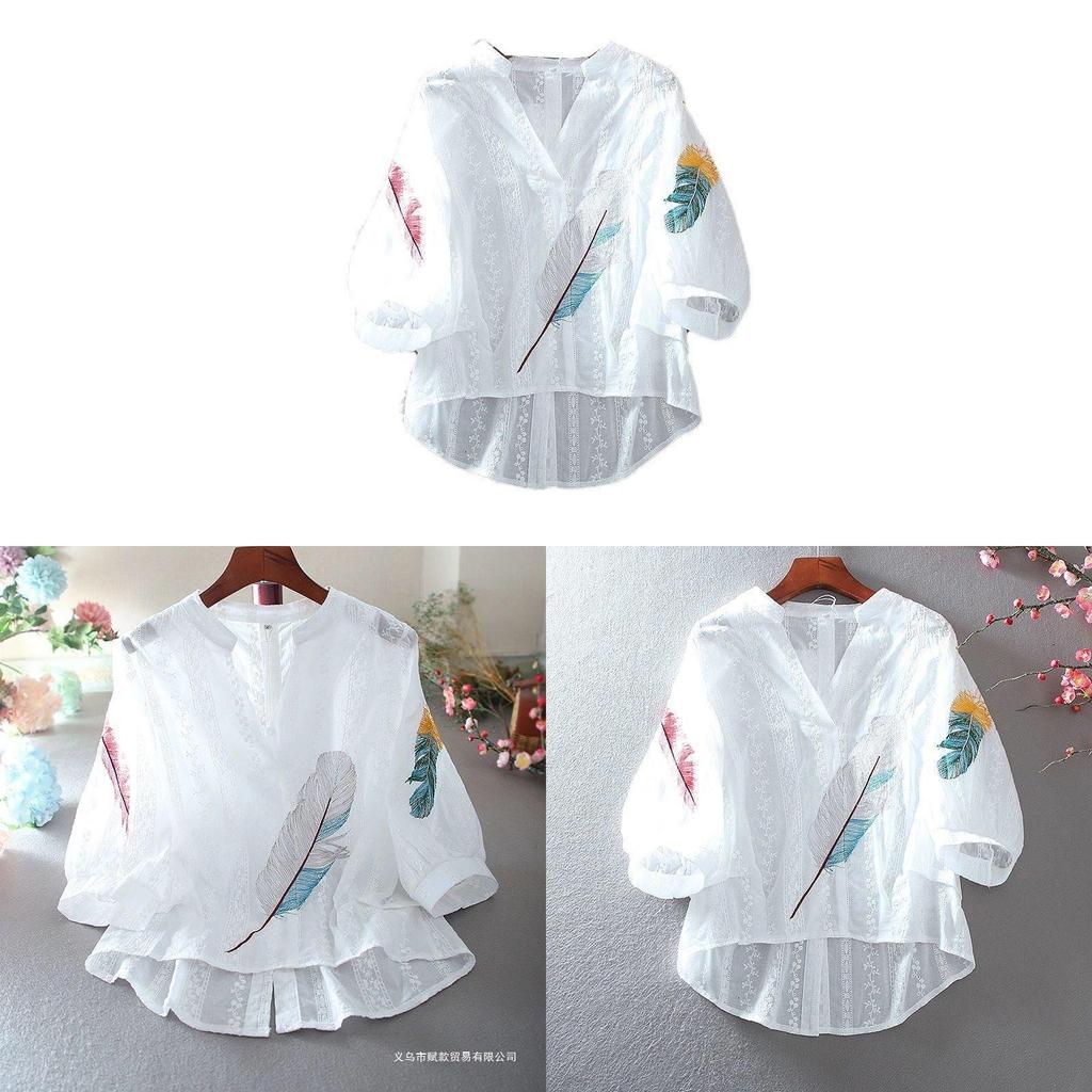 Embroidered Lace Blouse With V Neck And Lantern Sleeves For Summer Fashion