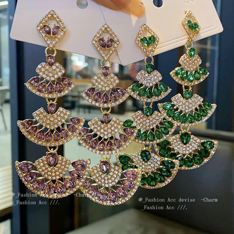 Silver needle diamond fan fringed earrings retro exaggerated temperament earrings niche light luxury high-end earrings women