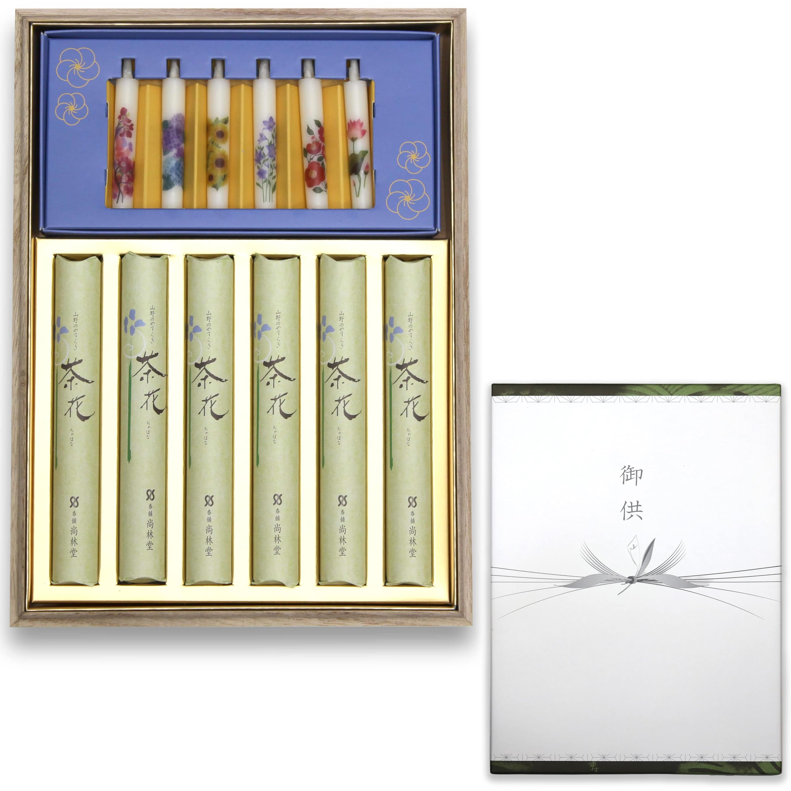 

Condolence Incense Gift Set in a Wooden Box [Tea Flowers - Hanakoji, 2 Types, Sandalwood, with Outer Wrapping, Ero-ro-soku] Made in Japan, Low Smoke,