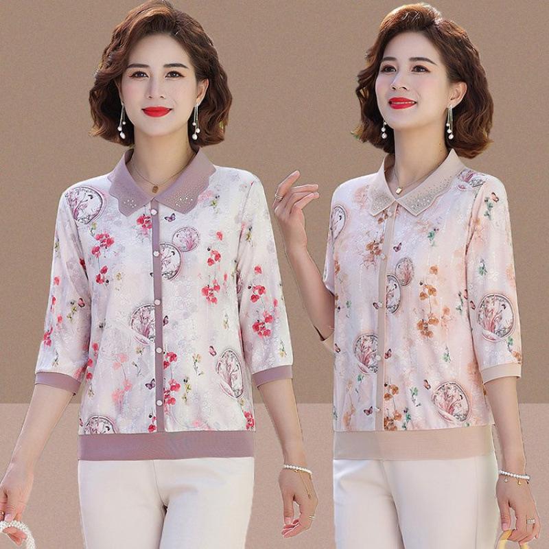 2026 Spring New Mother's Seven-Sleeve Ice Silk T-Shirt for Middle-Aged & Elderly Women - Spring/Summer Fashion Lapel Top
