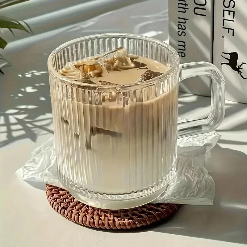 1/2PCS Vertical Grain Glass Coffee Cup 340ML Water Cup With Handle Suitable Iced Coffee Juice Cup Valentine's Day Gifts
