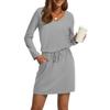 Women's Fashion V-Neck Long Sleeve Drawstring With Pockets Solid Colour Casual Dresses