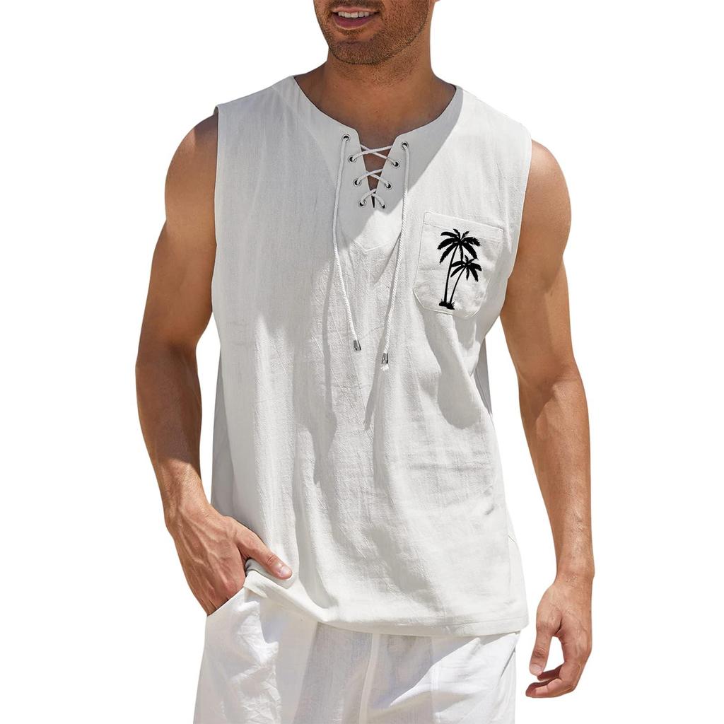 Men's Hawaiian Print Tank Top - Casual Loose Fit Sleeveless Tie Front, Hawaiian Floral Pattern Summer Beach Vacation Outdoor Sports Travel Top