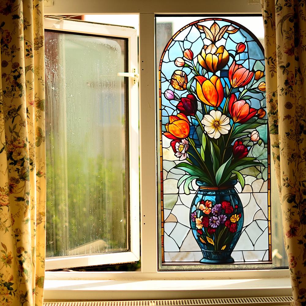 Kreativní Simulační Váza Tulipánové Sklo Zkrášlení a Dekorace Oken Statické Samolepky na Okno