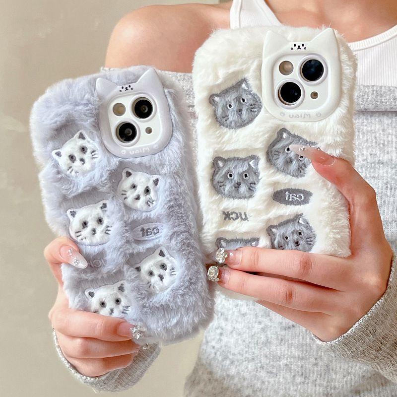 Soft Fluffy Plush bowknot Star Cat Ears 3D Pearl Phone Case For iPhone 17 Air 14 15 16 Plus 13 Pro Max 11 12 Warm Winter  Cover  Embroidery