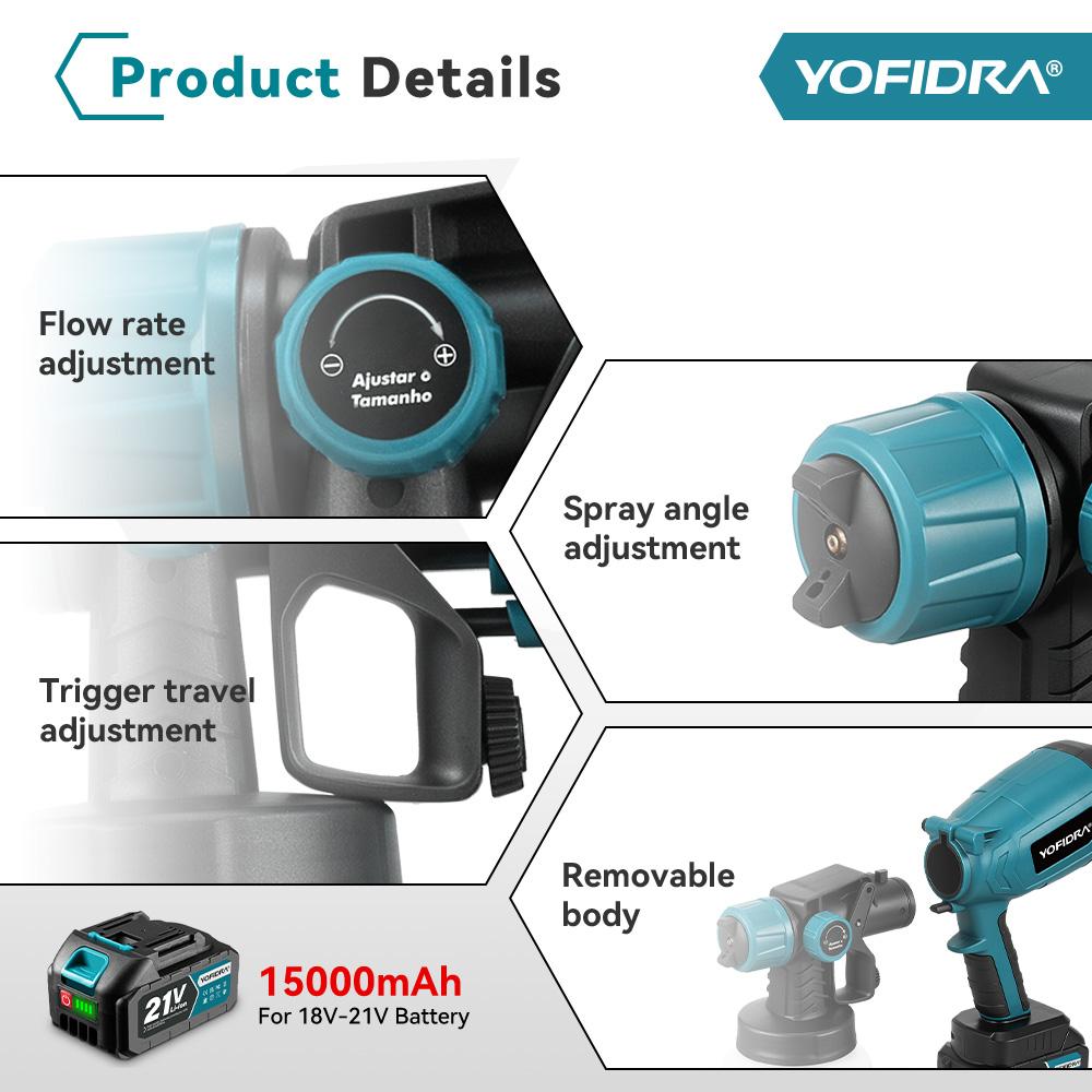 Yofidra 1000ML Electric Spray Paint Gun Home Cordless Sprayer Auto Furniture Steel Coating Airbrush For Makita 21V Battery Pin