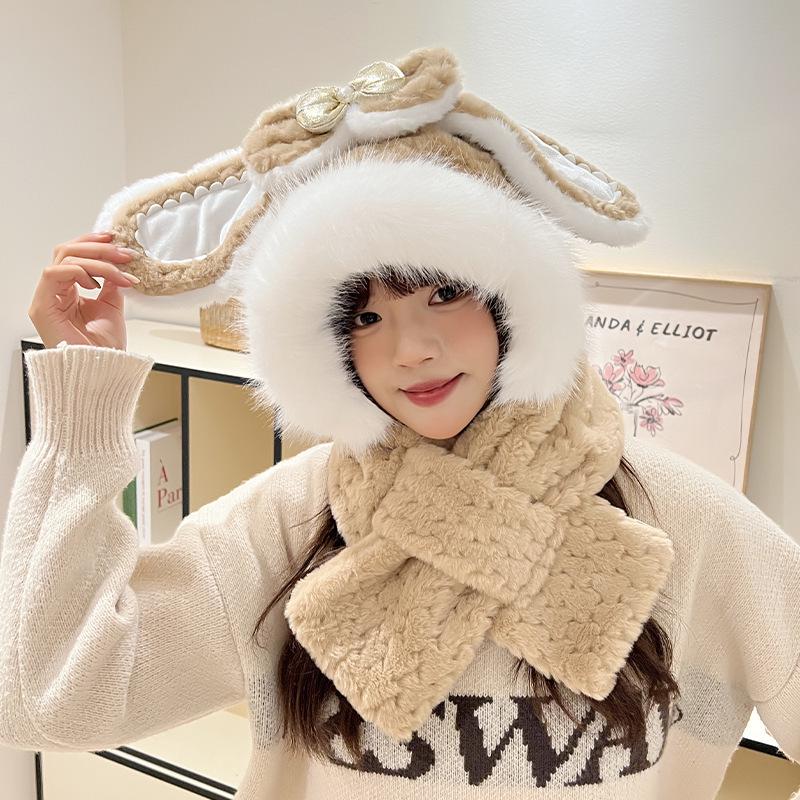 Women's Cozy Fox Ear Plush Hat with Integrated Scarf - Warm, Soft Lei Feng Design for Autumn and Winter. Perfect Ear Protection for Students.