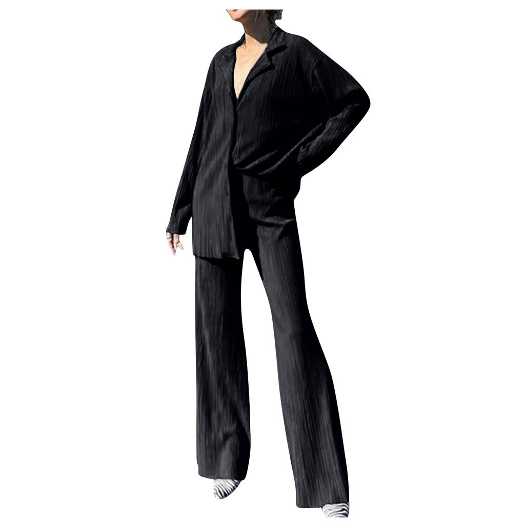 Women's 2 Piece Casual Outfits Long Sleeve Button Down Shirt High Waist Long Pants Loungewear Streetwear