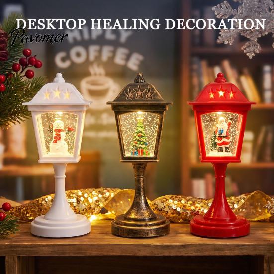 Desktop Healing Decoration Christmas Snow Sphere Lamp, Retro Street Lamp Design, Santa Home Interior Accents Snowman Tree Night Light for Bedroom,