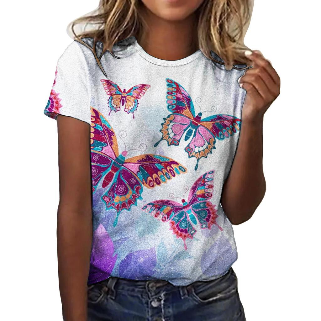 Summer Round Neck 3D Love Flower Print Top Fashionable Casual Short Sleeved Women's T-shirts