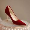 Fashion 2025  Women's Basic Pumps Gold Heel High  Dress Shoes Red Flock Boat  Pointed Toe Slip On