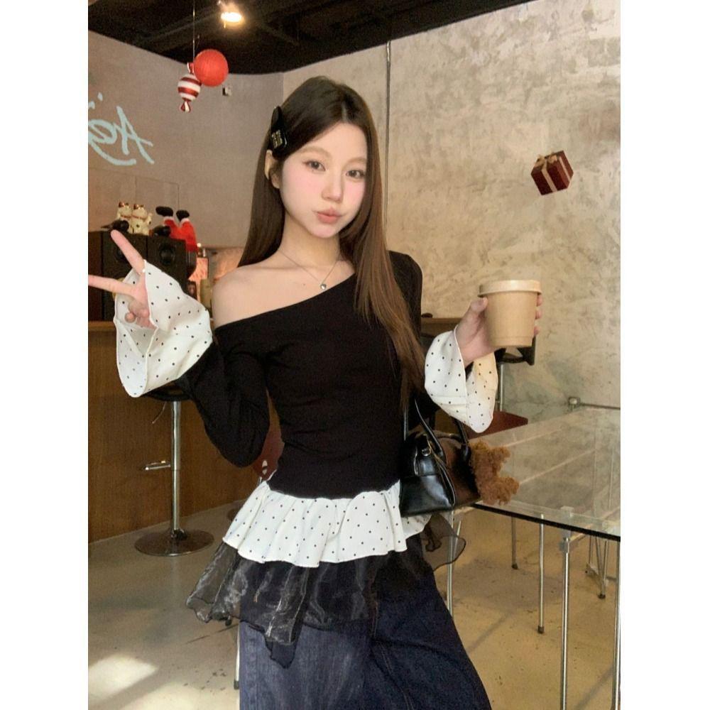 Women's Gray Slim-Fit Off-Shoulder Fur Collar Long-Sleeve Top for Autumn/Winter