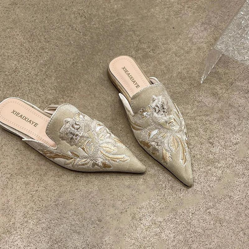 Summer Embroidery Women Mules Slippers Elegant Pointed Toe Slides Shoes Ladies Dress Flats Sandalias