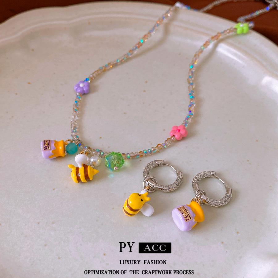 Cartoon Bee Jewelry Set: Cute Childlike Earrings & Necklace with Oil Drip Charm for Women