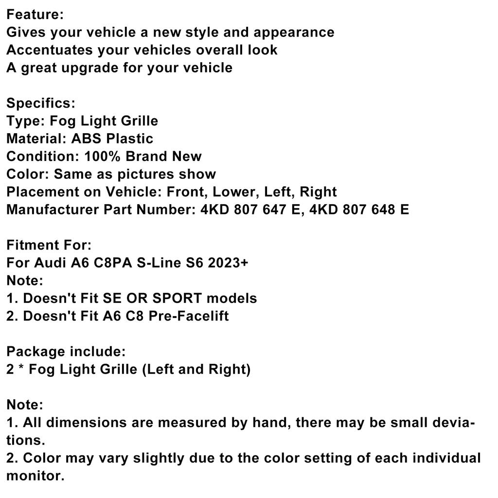 2PCS Front Bumper Fog Light Grille Trim Fit A6L C8PA 2023+ Black Chrome