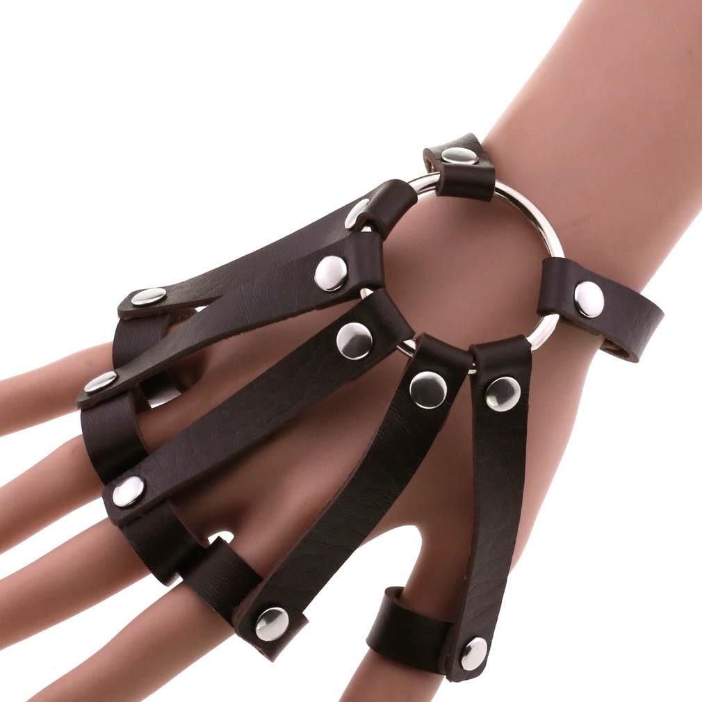 Steampunk Finger Pu-Leder Manschettenarmband für Herren Gothic Silberfarben Nietenarmbänder Armreifen Rock Halloween black