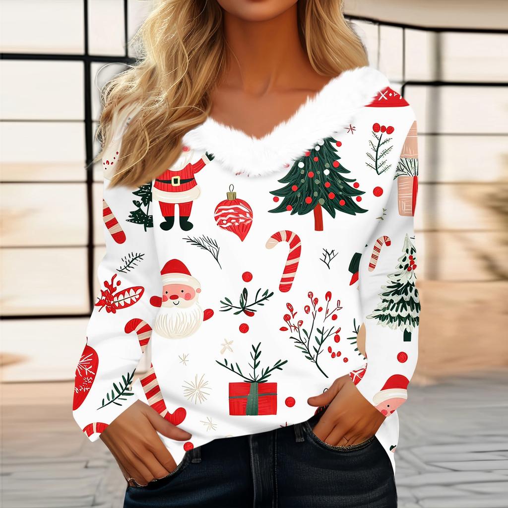 Women's T Shirt Tee Christmas Print Shirt Long Sleeve Party Christmas Fleece Collar V Neck  Top