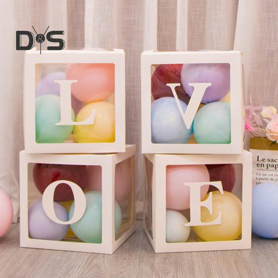 4 Pcs Balloon Box DIY Assembly Transparent Paper Box Balloon Box with Letters Reusable Stackable Cube Decorative Box for Party Wedding Birthday