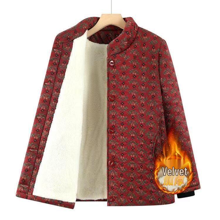 Floral Velvet-Lined Winter Coat for Elderly Women - Warm Cotton Jacket with Stand Collar