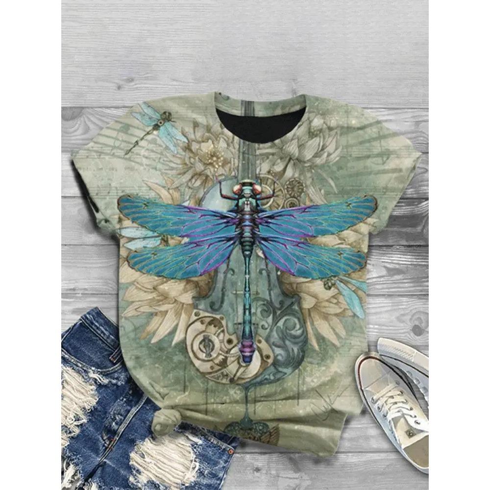 Butterfly Dragonfly Pattern 3D Print T-Shirts Women's Short Sleeves T Shirt Streetwear Y2k Harajuku Tees Tops Female Clothing