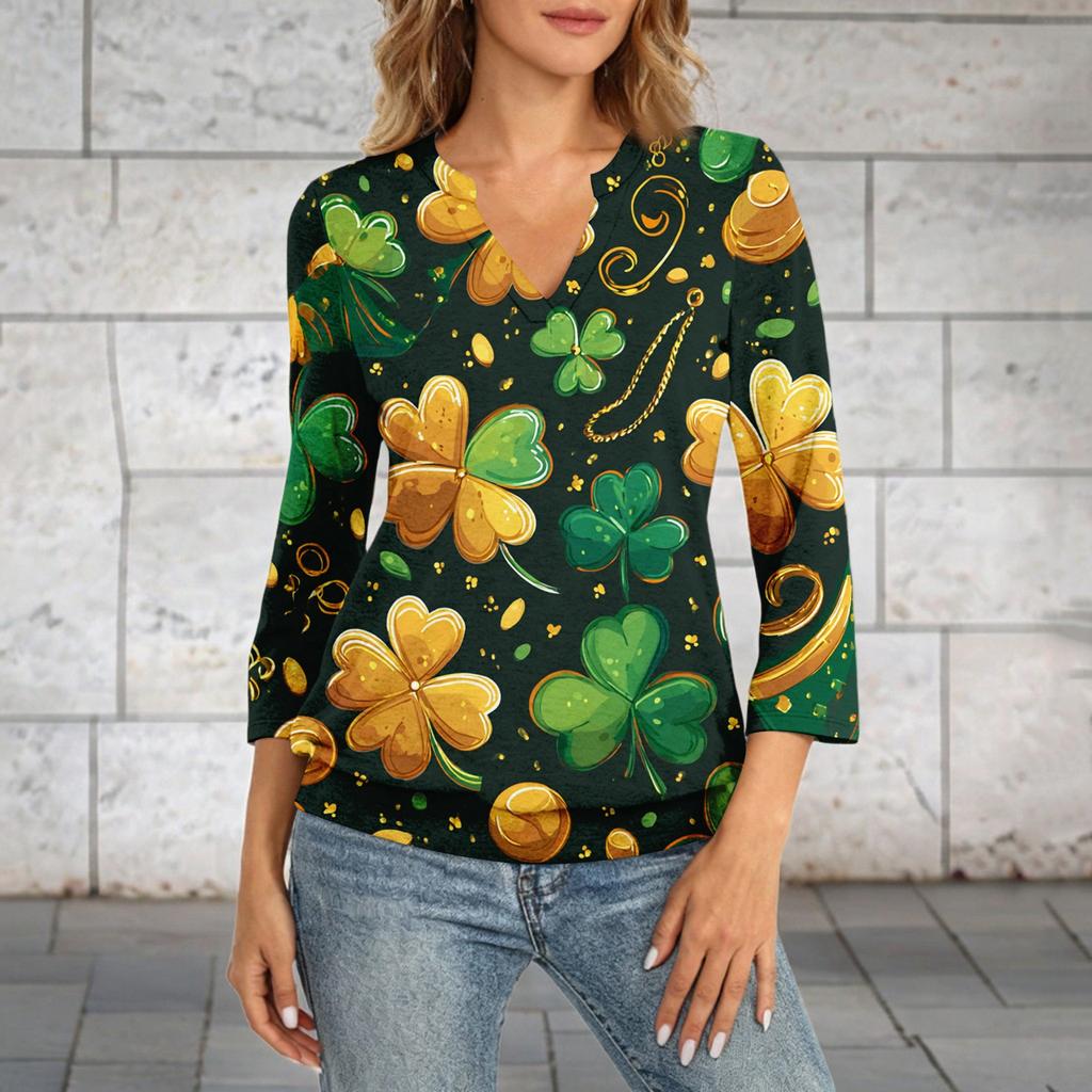 Women's 3/4 Sleeve Top With Cuffed Hem, V-Neck, Summer Casual -Shirt, St. Patrick's Day Printed Top