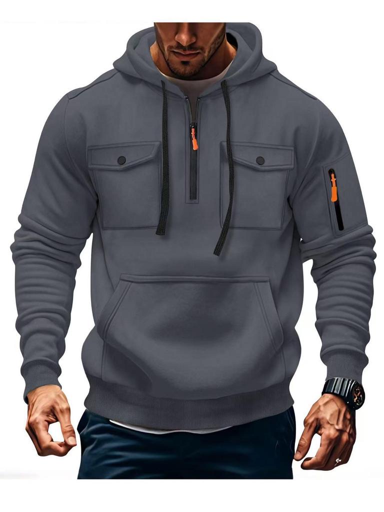 Men's Multi-Pocket Fleece Lined Hoodie Jacket - Casual and Versatile for Autumn/Winter