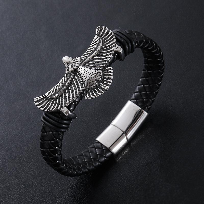 Punk Vintage Gothic Animal Eagle Leather Braided Stainless Steel Gold Plated Fashion Jewelry Bracelet Bangle Men Magnetic Gift