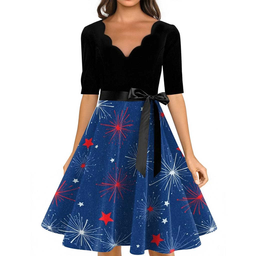 Women’s Vintage A Line Dress with Scalloped Neckline 34 Sleeve and Waistband Flag Print Skater Midi Dress