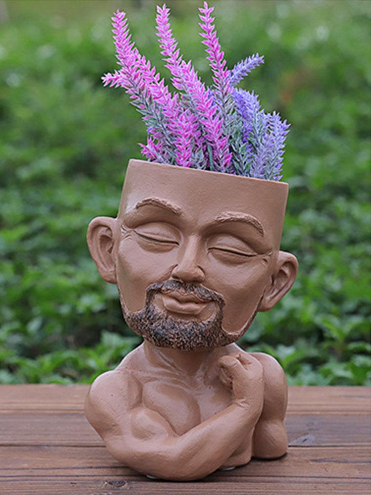 Men Face Flower Pot Multifunctional Drainage Hole Design Resin Bodybuilder Muscle Man Face Flower Pot