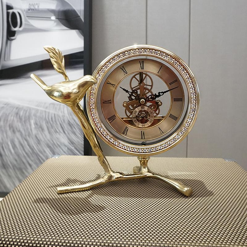 Luxury 6inch Gold Table Clock with Bird Design, Vintage Mechanical Skeleton Desk Clock, European Style Metal Art Ornament