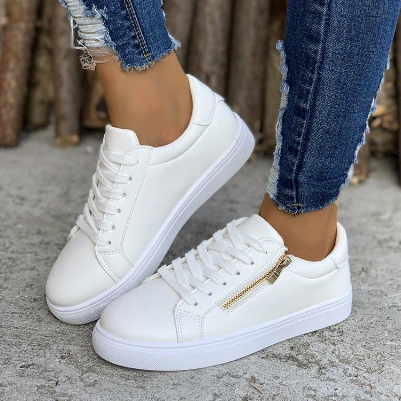 Fashion Comemore Women's Flat Bottom Sneakers Fashionable Leather Side Zip White Black Casual Tennis Female Autumn Lace Up Zapatillas
