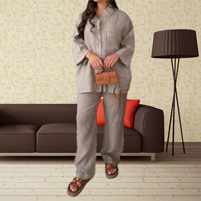 

2024 Summer & Autumn Women s Cotton Linen Casual Two-Piece Suit M хакі