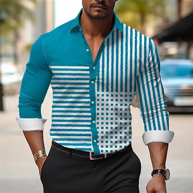 Striped men's business casual 3D printed shirt for outdoor wear, daily work folding, long sleeved oversized xs-6xL for comfort