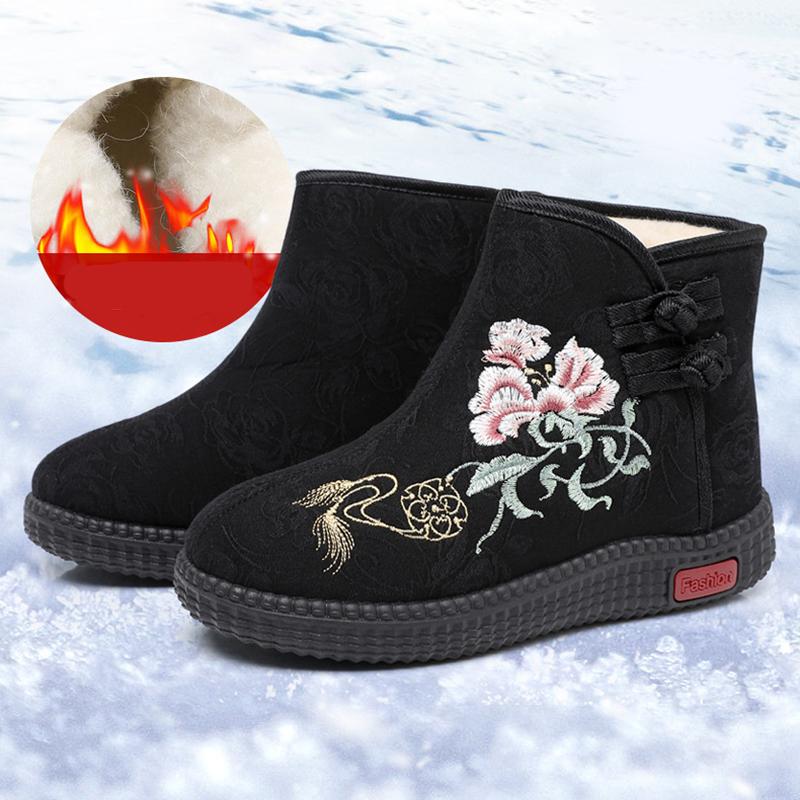 Fortykket Blomsterbroderi Dame Vinterstøvler Foret Snøstøvler Varme Sko Mødres Flatsko Casual
