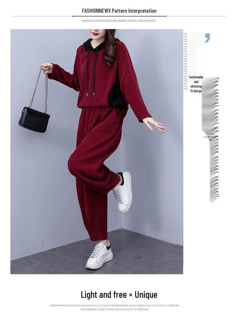 Autumn Plus Size Hooded Corduroy Fashion Set - Slimming Two-Piece for Casual Wear