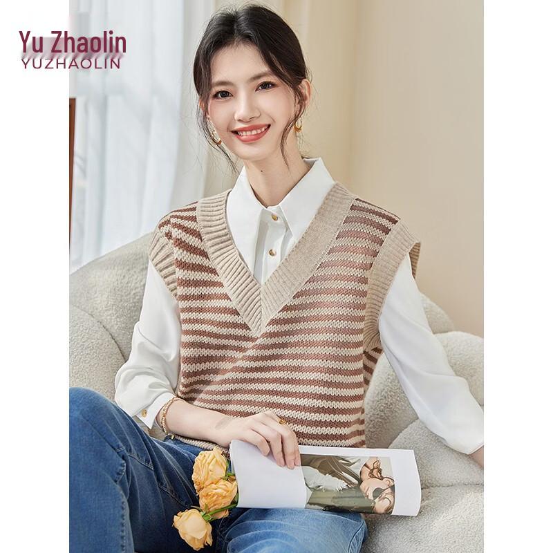 YUZHAOLIN Women s V-Neck Striped Knitted Vest One Size