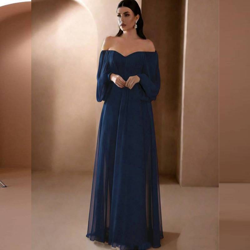 Elegant One Shoulder Long Sleeve Chiffon Dress For Wedding And Party With Classic Style For Women
