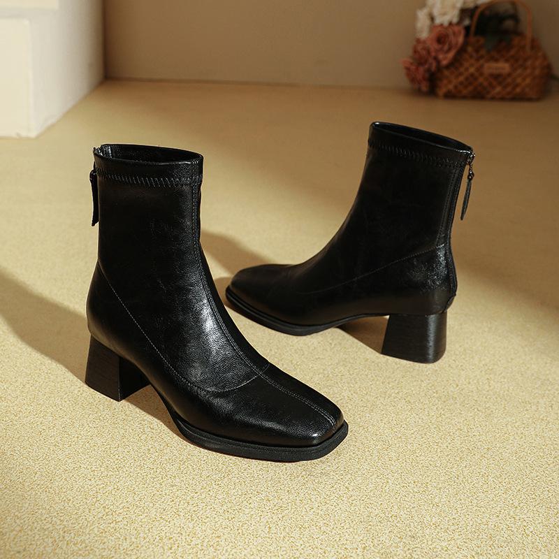 Women's Winter Boots Medium Boots 2025 New High Heel Short Boots Women's Brown Martin Boots Square Head Skinny Boots Thick Heel