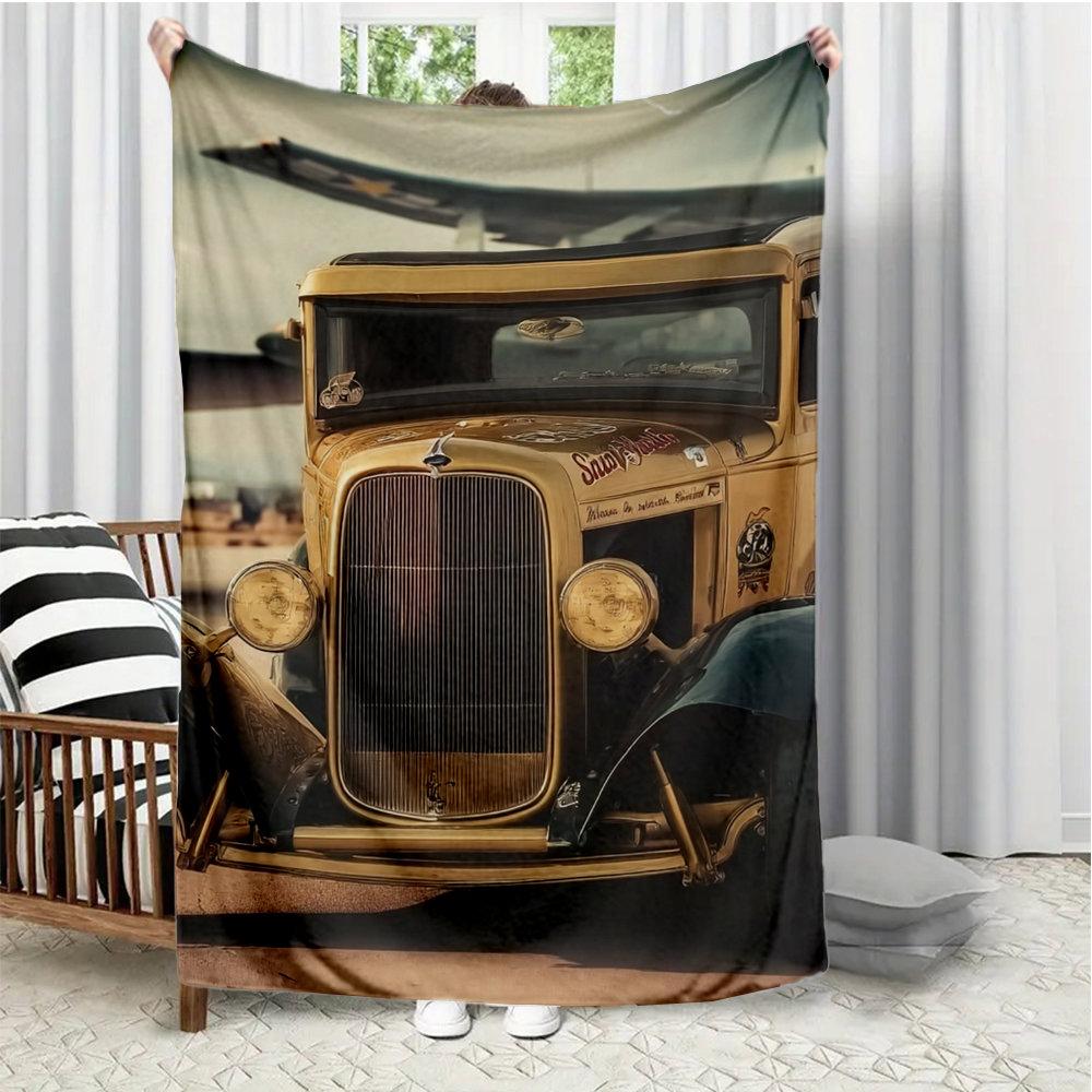 

Retro Americanstyle car theme Flannel printed blanket suitable for all seasons suitable for living room office sofa and travel 75x100cm (30x40inch)