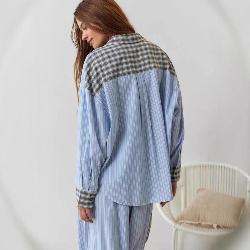 Dames Tweedelig Pyjamaset Geruite Knopenblouse Joggingbroek Casual Loungewear