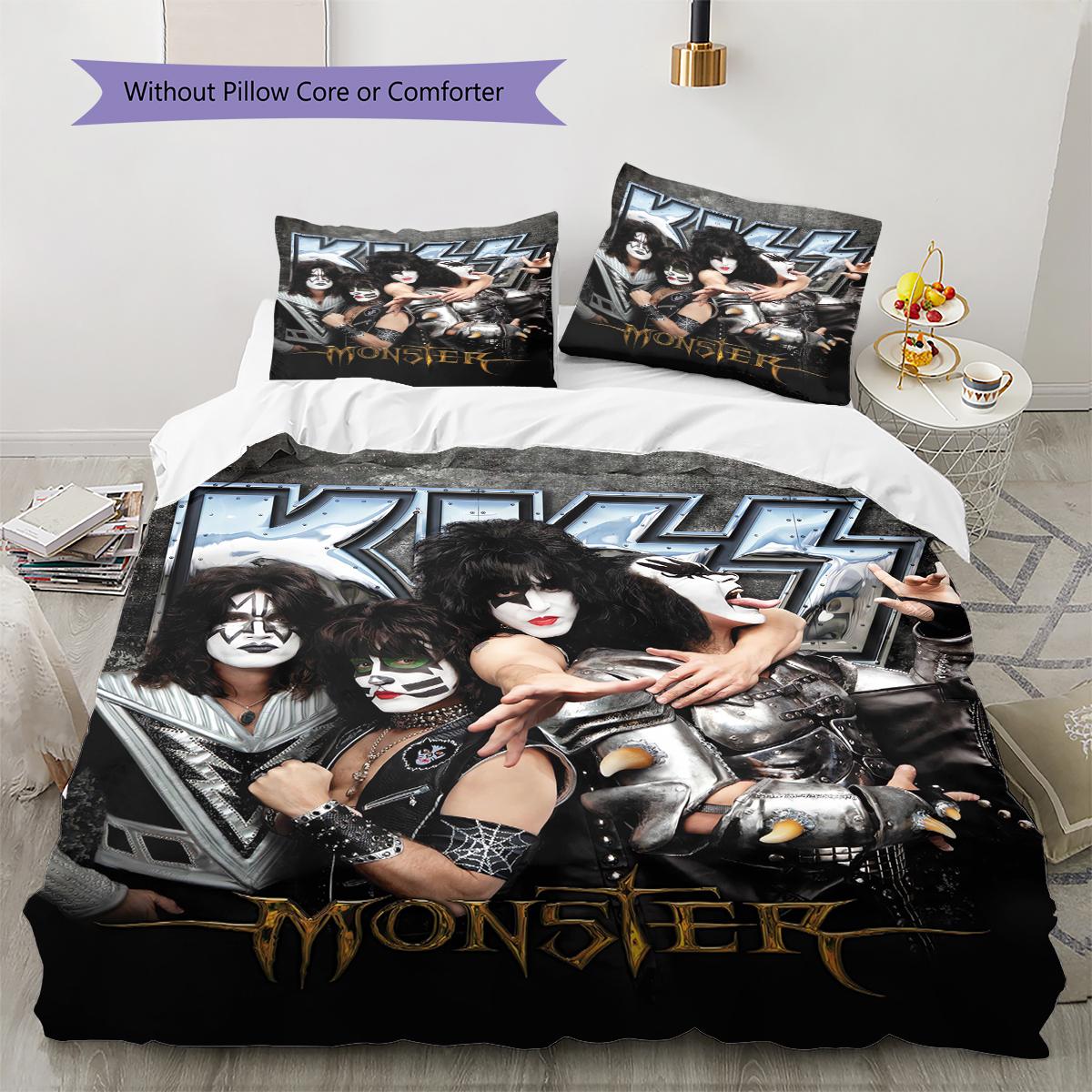 Rock Kiss Band Muster Bettwäsche Steppdecke Set Bettbezug Kissenbezug Heimdekoration Geschenk (1 Bettbezug + 2 Kissenbezüge, ohne Füllung) 135x200cm gray