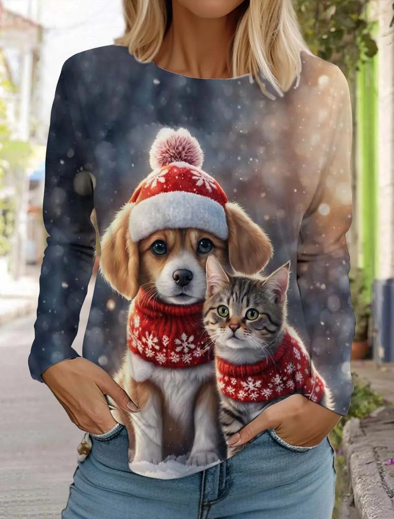 Large-sized Funny Women Christmas Cat Pattern T-Shirts Autumn Long Sleeve Christmas Snowflakes 3D Printed Street Ladies Clothing Casual Tops