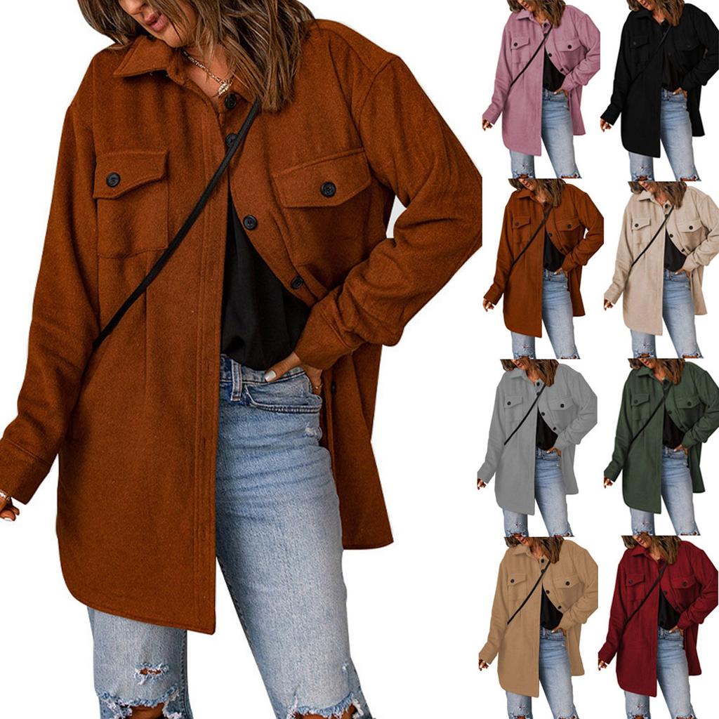 Fashion Women Fall And Winter Solid Color Button Coat Jacket Casual Loose Fleece Sweater Coat