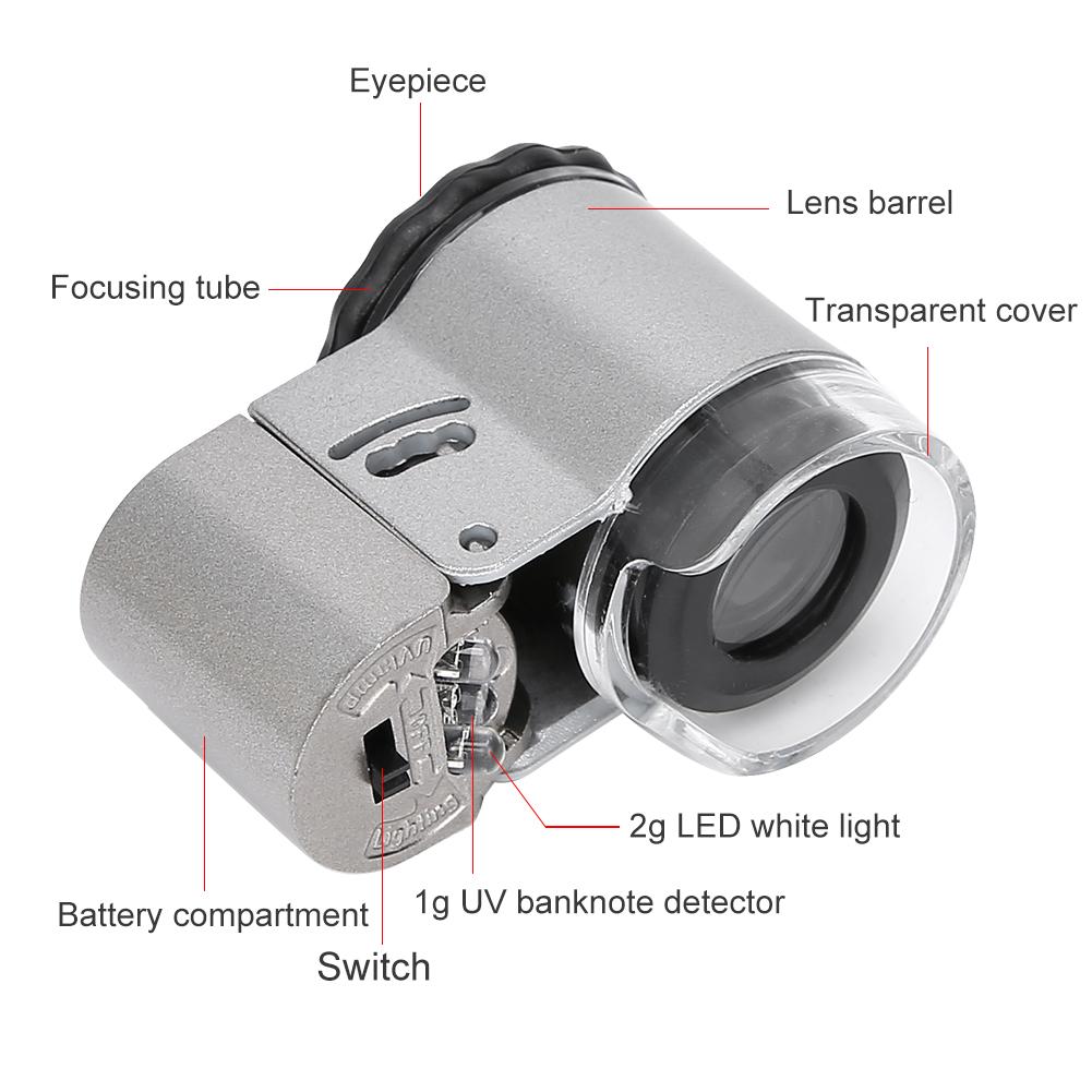 Mikroskopická lupa 50X Mini přenosná s LED světlem detekujícím měnu pro hodnocení šperků