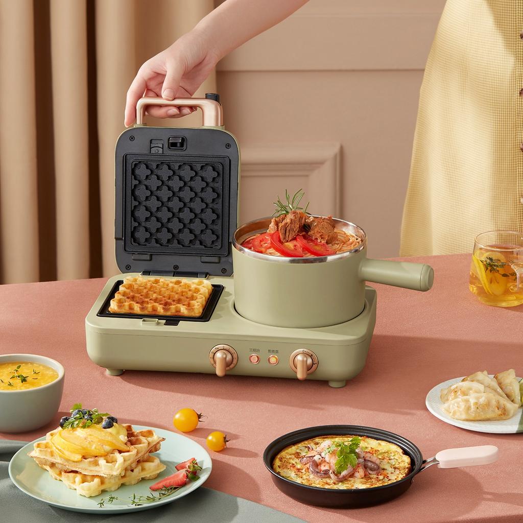 Mașină de gătit electrică multifuncțională de 220V, mașină de vafe antiaderentă, aparat de sandwich-uri pentru micul dejun, cu 5 farfurii și oală de gătit