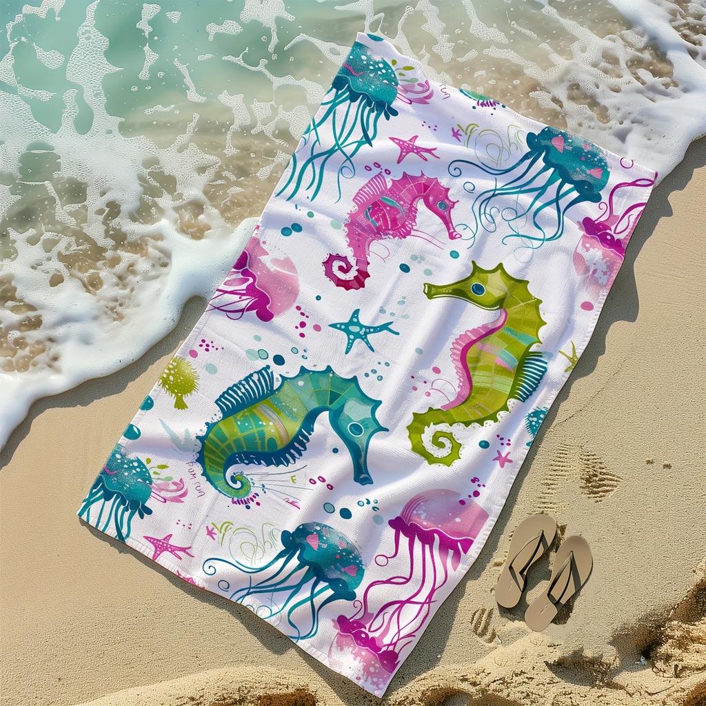 Watercolor Seahorse Jellyfish Ocean Cartoon Beach Towel Super Absorbent Fabric Ideal To Kids Pool Beach Play Sessions