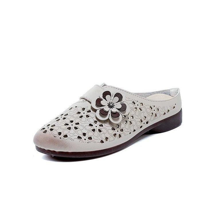 Soft Leather Hollow Breathable Soft Sole Middle-aged and Elderly Baotou Half Slippers Women's Summer Casual Versatile Non-slip Comfortable Mother Sho