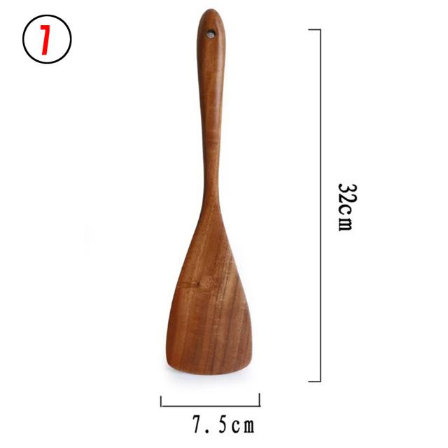 1-7pcs/set Teak Natural Wood Tableware Spoon Ladle Turner Rice Colander Soup Skimmer Cooking Spoon Scoop Kitchen Reusable Tool