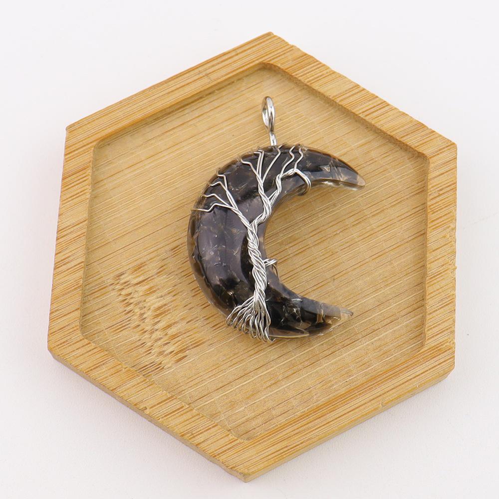 Chakela Crescent Moon Tree of Life Pendant with Crushed Crystal Stones