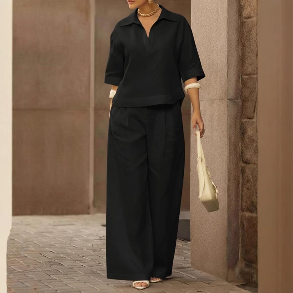 2026 European and American Cross-border Amazon Independent Station Spring and Summer New Solid Color Set, Thin Versatile Wide-leg Pants Two-piece Set